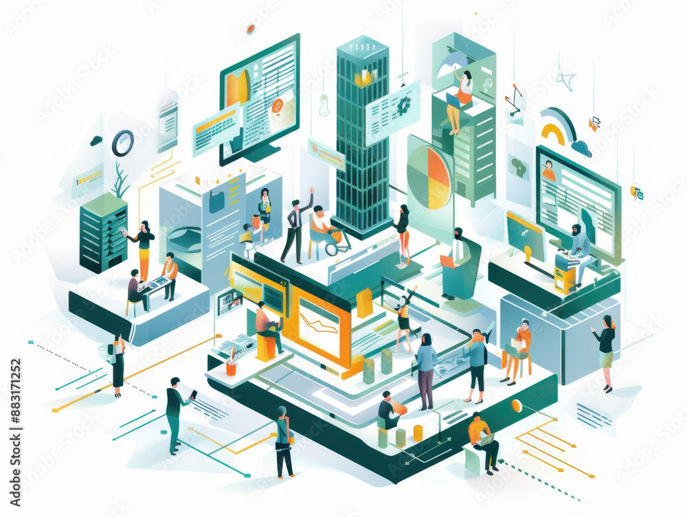 Poster modern office environment with diverse professionals collaborating, analyzing data, and engaging in 