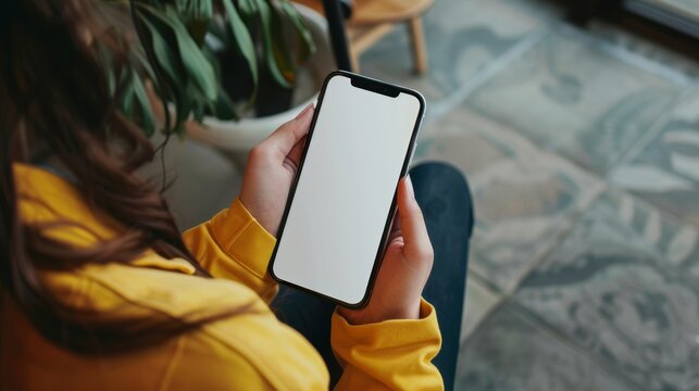 Over shoulder close up view of female hand holding smartphone with mock-up screen