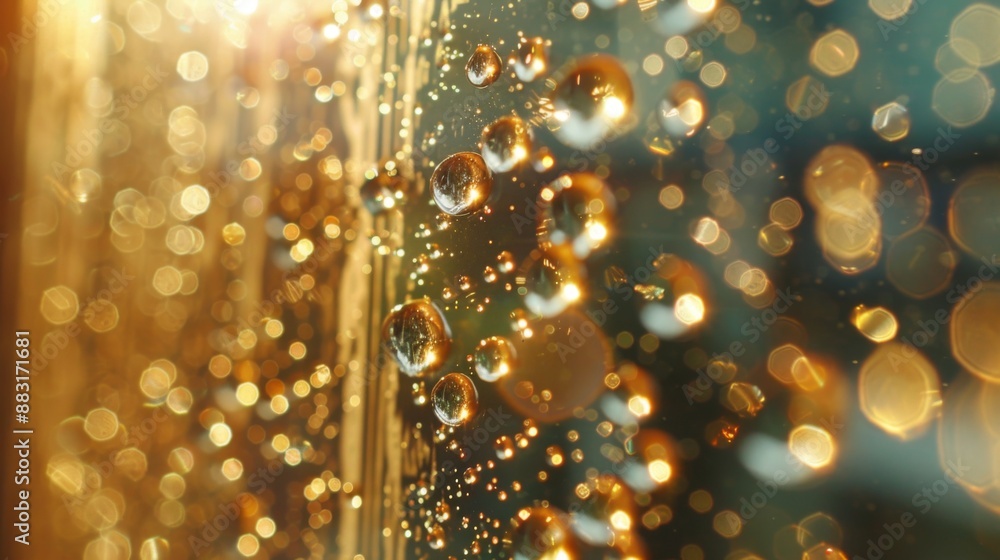 Poster macro shot of water droplets on a windowpane, refracting sunlight and creating a prism effect indoor