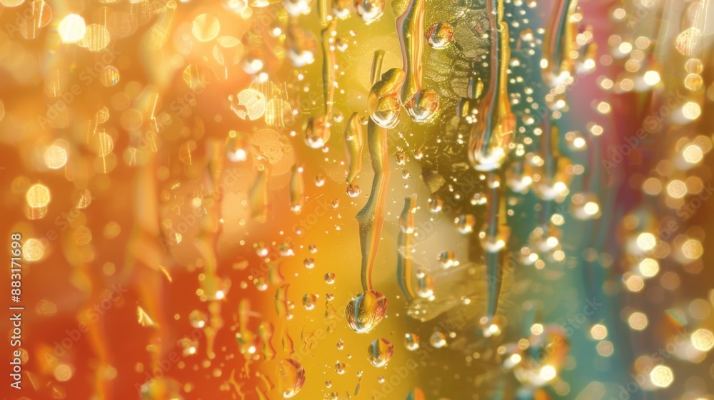 Poster macro shot of water droplets on a windowpane, refracting sunlight and creating a prism effect indoor