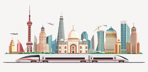 High-Speed Train Passing Iconic World Landmarks Vector Illustration