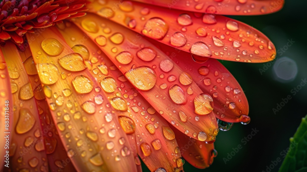 Poster macro view of water droplets on the vibrant orange and red petals of a gerbera daisy in a botanical 