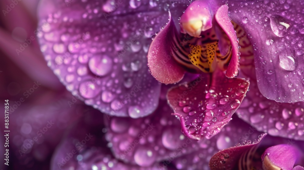 Poster macro view of water droplets on the intricate patterns of a purple orchid in a tropical greenhouse.