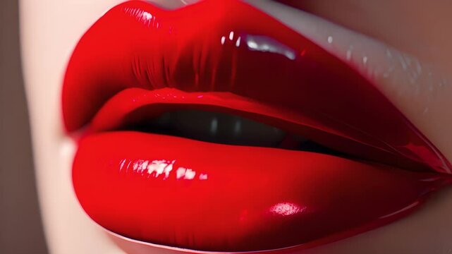 Girl lips with glossy shinny red lipstick, Close up of red lipstick with female lips, Beauty and cosmetics	