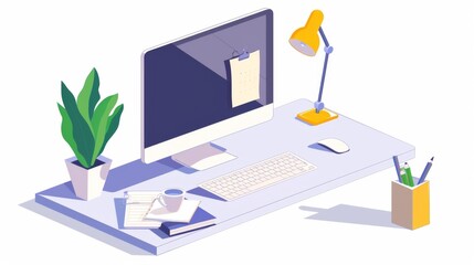 Modern Desk With Computer, Keyboard, and Office Supplies.