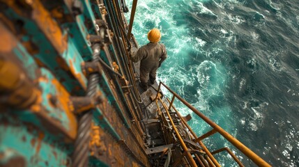 A worker in a hard hat stands on a platform, looking out over the rough ocean waves