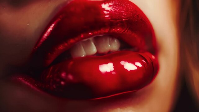 Girl lips with glossy shinny red lipstick, Close up of red lipstick with female lips, Beauty and cosmetics	