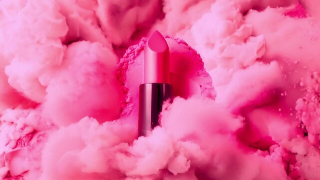 Matte pink lipstick over smashed pink powder background. Lip stick tube is surrounded by explosion of pink powder. Makeup beauty cosmetic luxurious product	