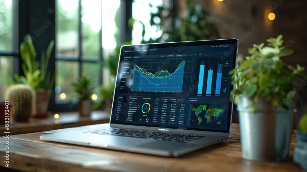 Aufkleber an open laptop displaying charts and graphs sits on a wooden desk
