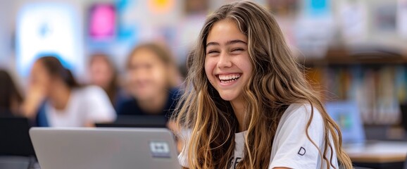 A happy high school girl, using a laptop in the classroom, her face filled with joy