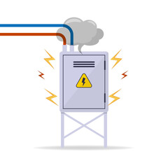 Damaged Switchboard. Electrical wires in box. Cartoon flat illustration. Fuse and electrical engineering.