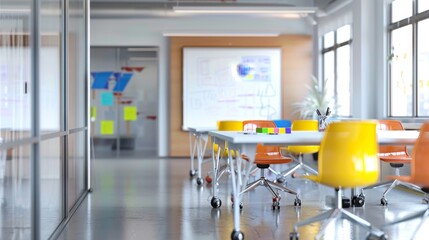 Modern office chairs and table with a whiteboard in the background.