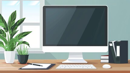 Modern Workplace Desk with Computer and Plants.