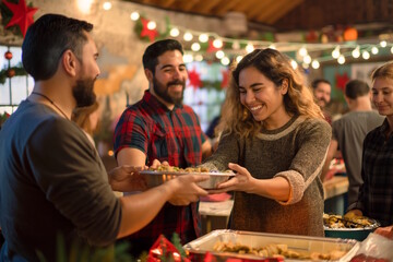 Group of friends sharing food at a holiday gathering, concept of Thanksgiving Day