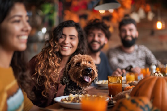 Friends laughing at a dinner table with a dog, concept of Thanksgiving Day