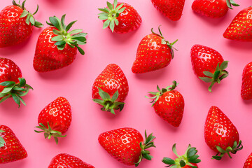 Ripe strawberries scattered on a pink background in a flat lay top view. A minimal summer food concept in the style of flat lay top view. A minimal summer concept.
