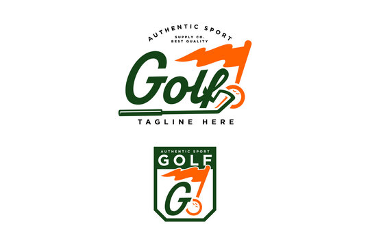 lettering golf golf ball, golf club and flag logo design sets. letter g with golf ball and flag badge logo design. modern golf illustration logo for golfer, golf sport, golf tournament and golf club