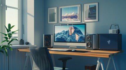 Modern Home Office with Computer and Mountain View.