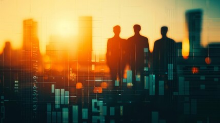 Fototapeta premium Silhouetted businessmen standing over a futuristic city skyline at sunset, representing modern business and technology concepts.