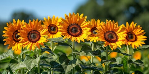Sunflowers in Field, Bright Yellow Flowers, Agriculture Crop, Organic Farming