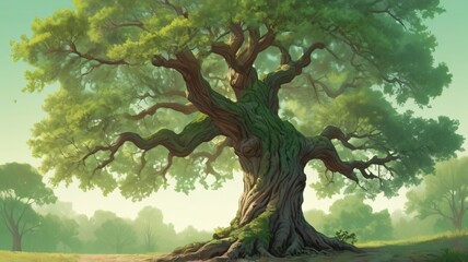 illustration large old oak tree with lot of branch and moss