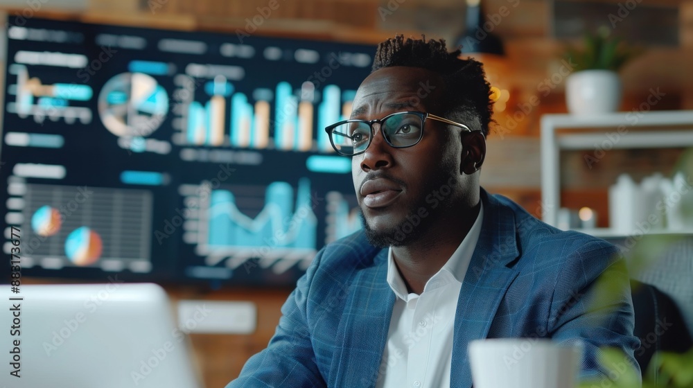 Poster a businessman in a blue suit sits in front of a large screen displaying graphs and charts, analyzing