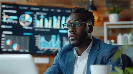 A businessman in a blue suit sits in front of a large screen displaying graphs and charts, analyzing data