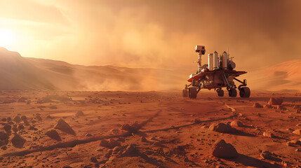 A space city or station with an expedition on the surface of Mars or  unknown planet. AI Generated