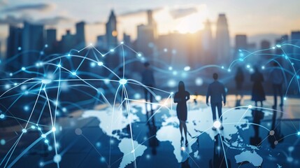 Silhouettes of business people over a cityscape with a global networking graphic overlay.
