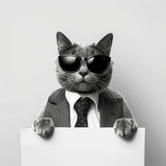 Cool cat in shades and tie stands by a blank sign. The background is all white.