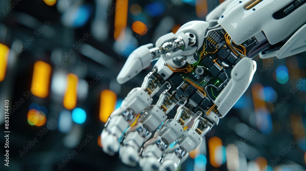 Poster close up of a robotic hand with exposed circuitry in a technological setting