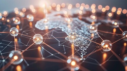 A digital visualization of a network overlaying a world map with glowing connections.