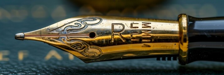 Naklejka premium Gold Fountain Pen Resting on Reflective Surface