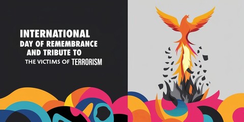 An international day of remembrance and tribute to terrorism victims with a symbolic phoenix rising from colorful ashes.