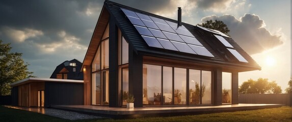 Fototapeta premium Rendering of a house with a roof covered with solar panels and sunlight penetrating through the clouds