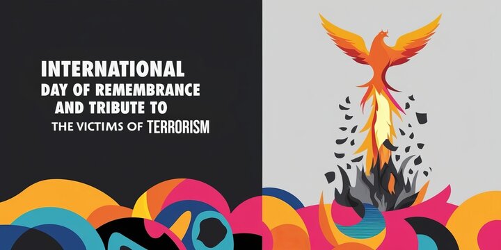 An international day of remembrance and tribute to terrorism victims with a symbolic phoenix rising from colorful ashes.