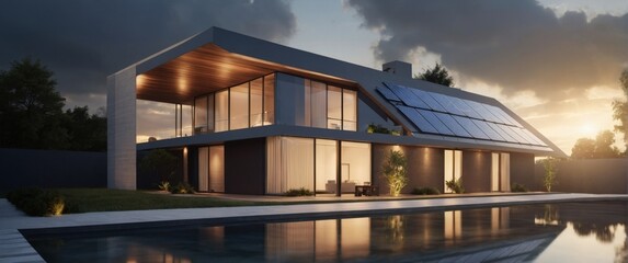 Obraz premium Rendering of a house with a roof covered with solar panels and sunlight penetrating through the clouds