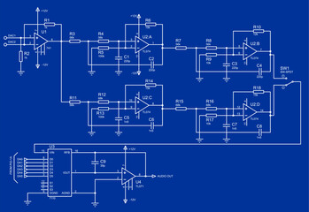 Obraz premium Schematic diagram of electronic device. Vector drawing electrical circuit with operational amplifier, resistor, capacitor, switch and other electronic components.