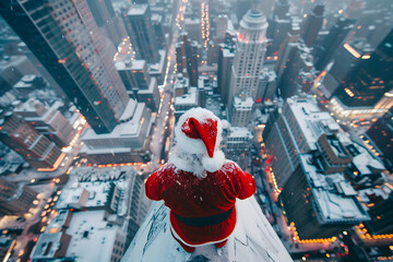 Santa Claus looking at the snowy city from the top of a skyscraper