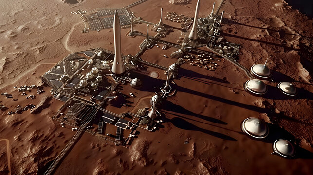 A space city or station with an expedition on the surface of Mars or  unknown planet. AI Generated