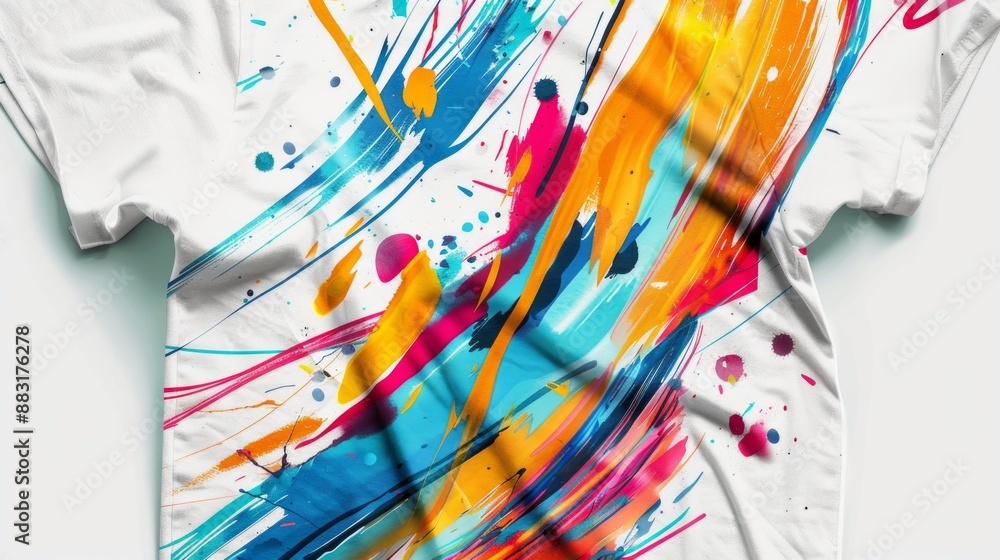 Poster create an artistic graphic tee featuring a bold, abstract design, centered perfectly on a white back
