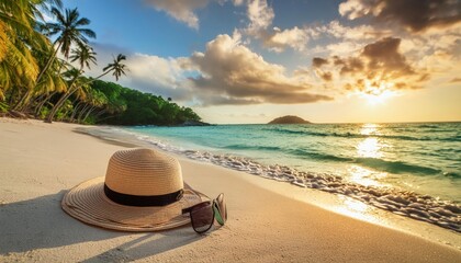 Paradise. Paradise. Sunset vacation background with lots of space, tropical beach with sunbathing accessories starfish. hot tea. hat