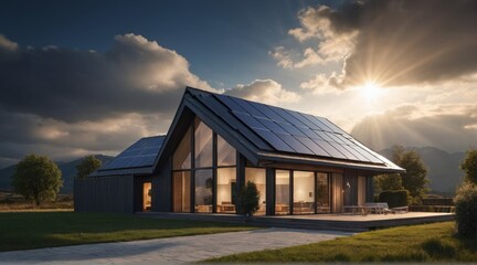 Obraz premium Rendering of a house with a roof covered with solar panels and sunlight penetrating through the clouds