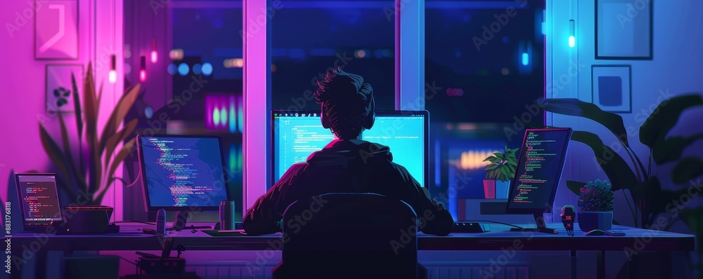Aufkleber a person works on a computer in a colorful home office, illuminated by various lights, surrounded by