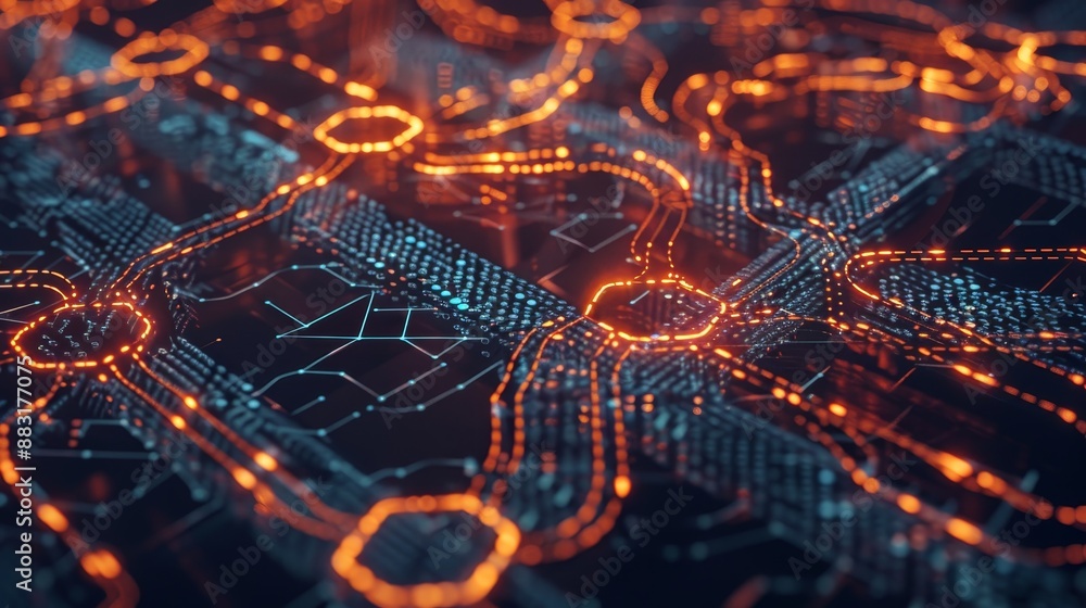 Poster abstract digital circuit board with glowing lines and connections representing technology, networkin