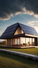 Fototapeta premium Rendering of a house with a roof covered with solar panels and sunlight penetrating through the clouds