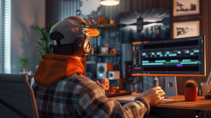 Man Wearing Headphones Edits Video on Computer in Home Studio