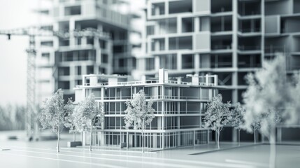 Black and white architectural model of modern urban buildings with cranes in the background, showcasing contemporary city planning and development.
