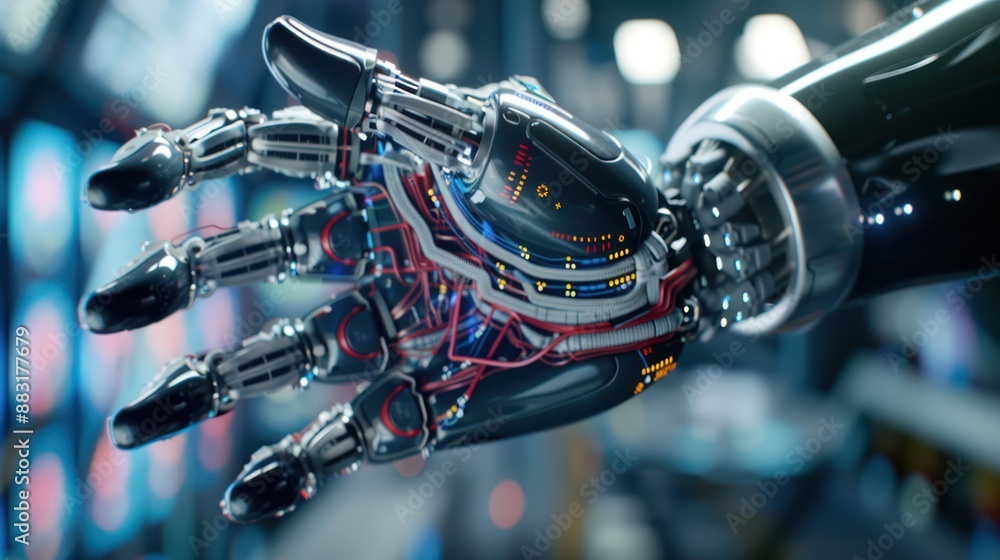 Poster closeup of a robotic hand reaching out in a futuristic setting