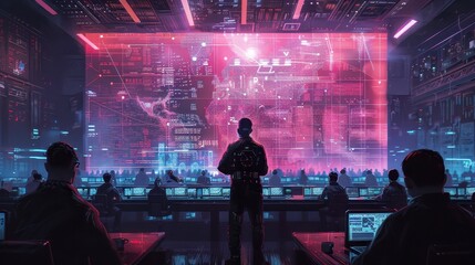 Expert offering advice on digital marketing in a high-tech seminar room, Cyberpunk, Neon, Digital Painting